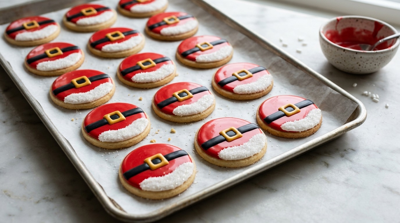 Santa belly treats with red icing and gold buckles on a baking sheet