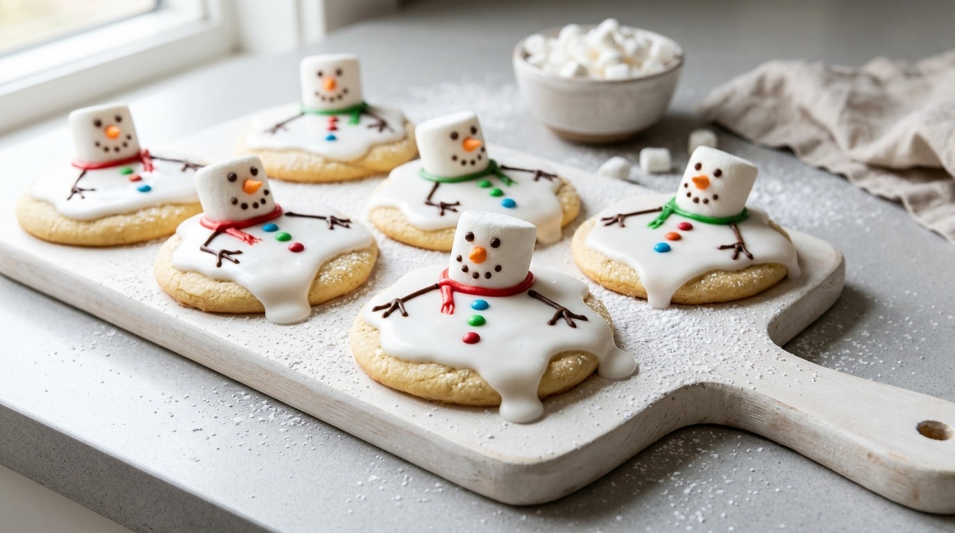 Melted snowman treats with marshmallow heads on a white board