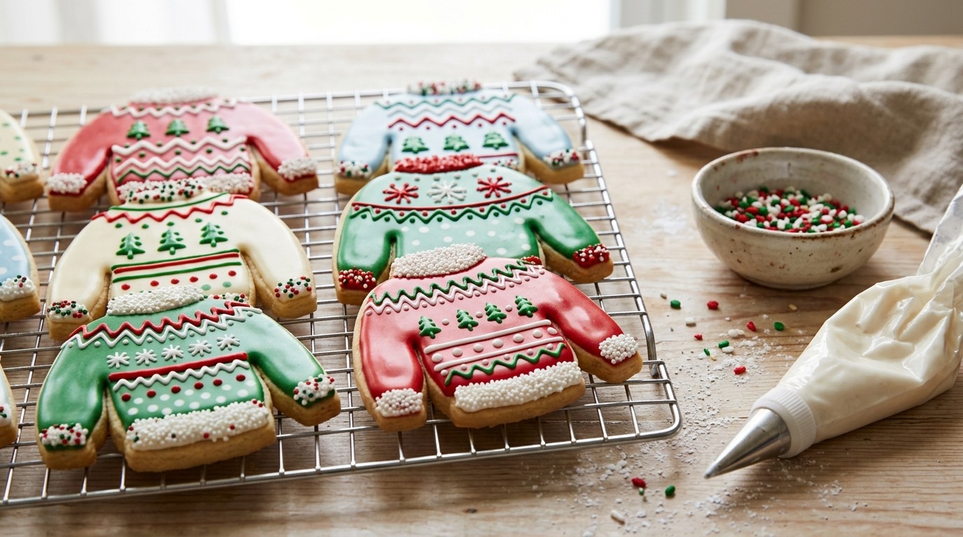 Ugly sweater showstopper Christmas cookies decorated with royal icing on a cooling rack
