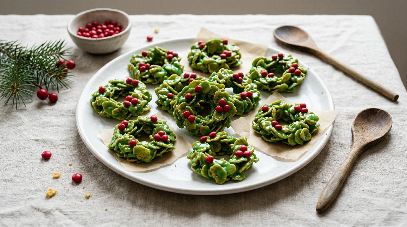 Green cornflake wreaths topped with red candies on a white plate