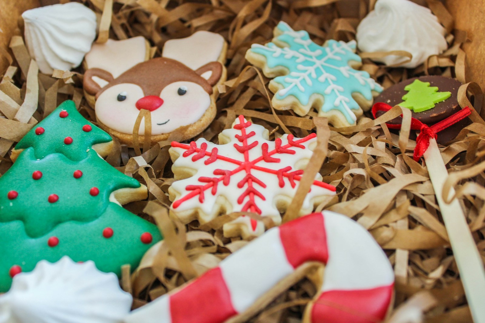 Reindeer face showstopper Christmas cookies in a gift box with snowflakes and trees