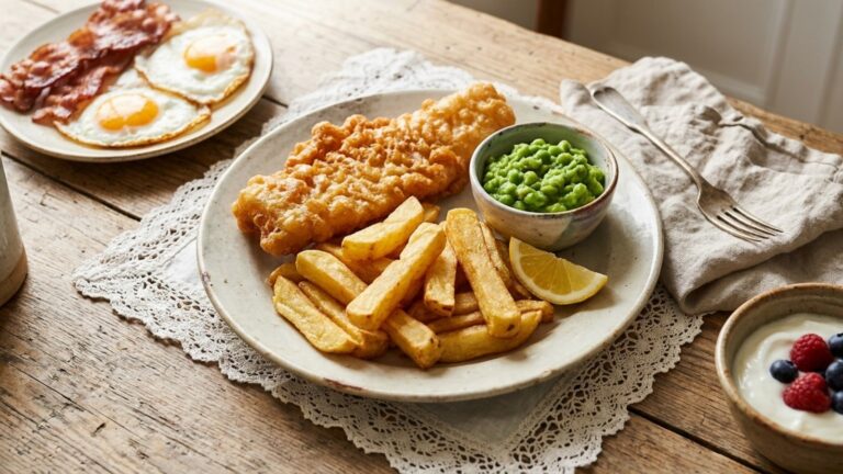 Centenarian foods: golden fish and chips with mushy peas, bacon and eggs and a yogurt bowl on an old wooden table