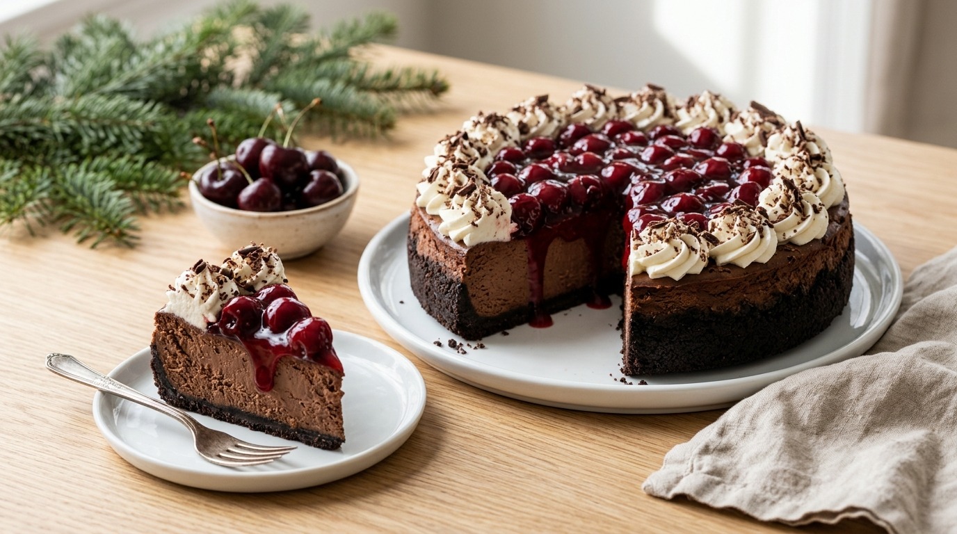Black Forest desserts favorite: chocolate cheesecake with cherry topping and cream rosettes