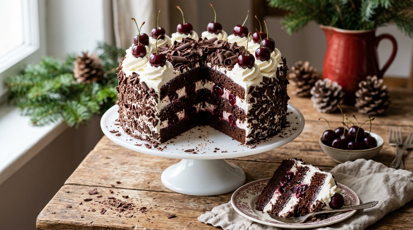Classic Black Forest cake with whipped cream, cherries and chocolate curls on a cake stand