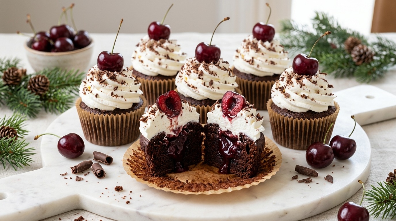 Black Forest cupcakes with whipped cream and cherries, one cut open to show cherry filling