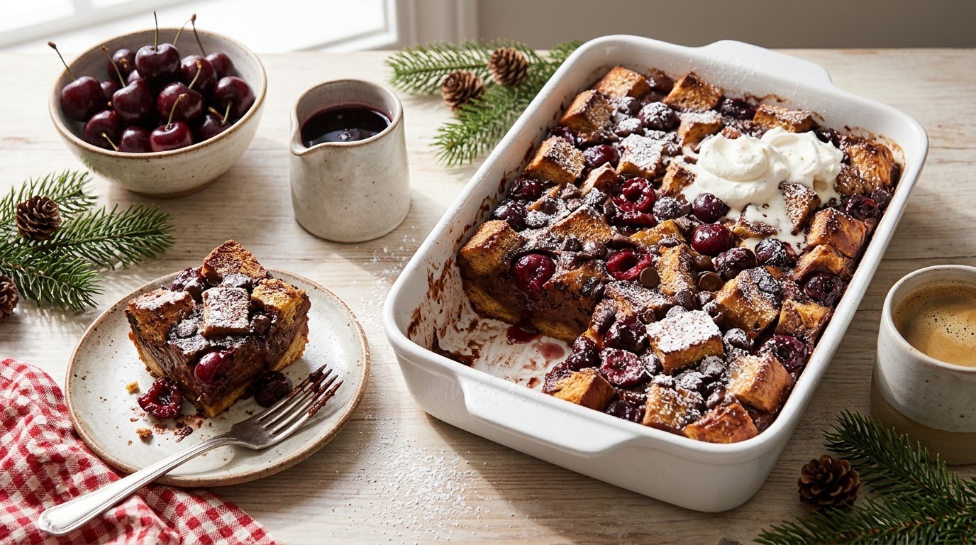 Black Forest overnight French toast bake with cherries and chocolate in a white baking dish