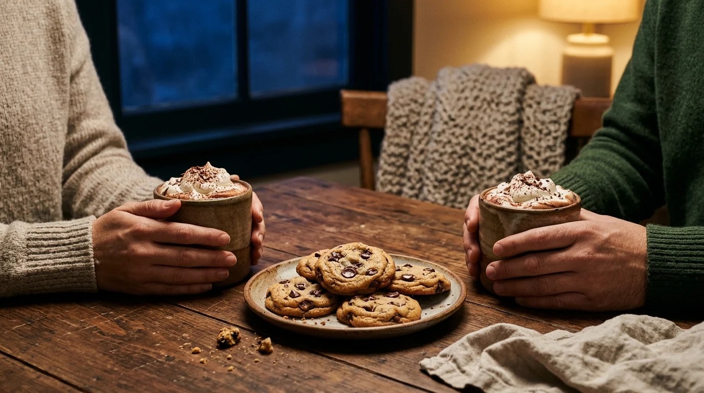 Hot cocoa and chocolate chip cookies on a cozy dark evening