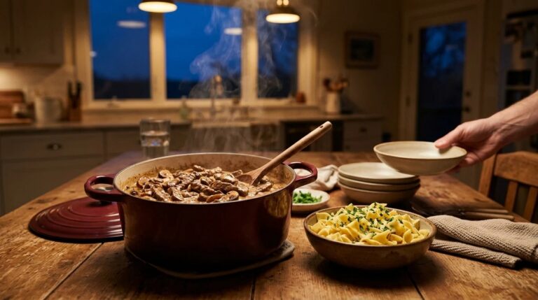 Cozy dinners for dark nights: beef stroganoff in a Dutch oven with egg noodles on a kitchen table at dusk