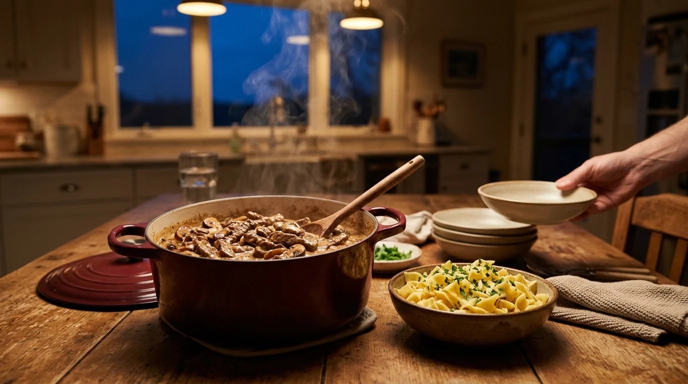 Cozy dinners for dark nights: beef stroganoff in a Dutch oven with egg noodles on a kitchen table at dusk