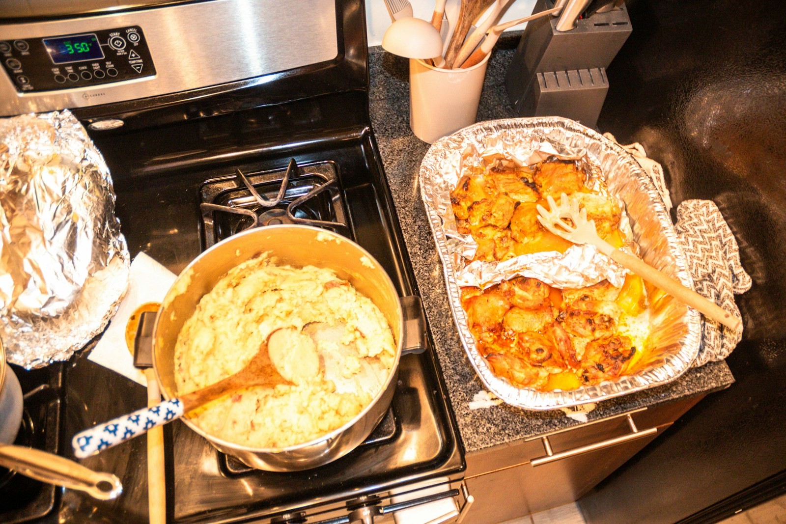 Creamy chicken stew simmering on the stove for chicken and dumplings