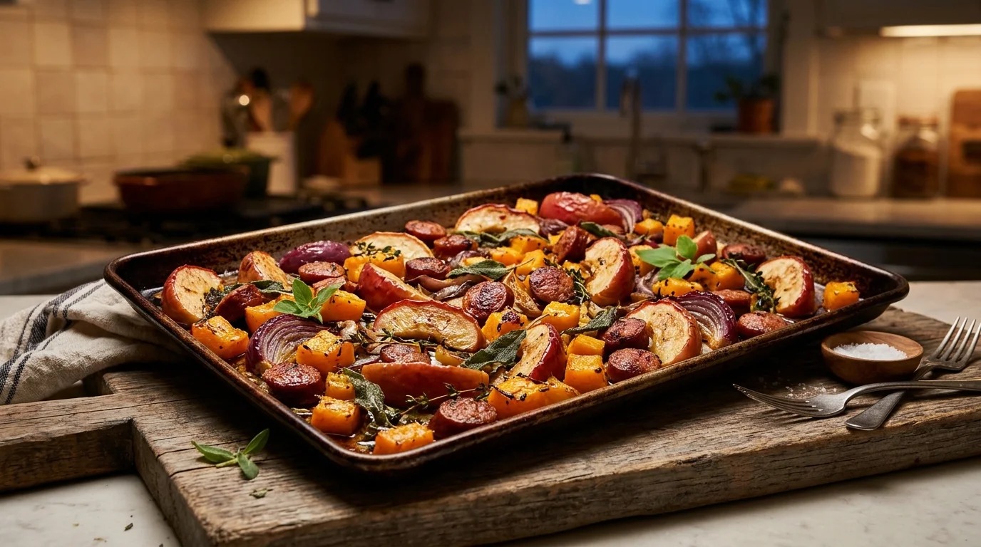 Sheet pan of roasted sausage, apples and butternut squash on a dark autumn night