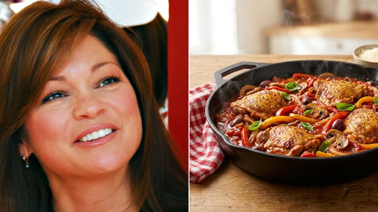 Valerie Bertinelli next to a skillet of chicken cacciatore