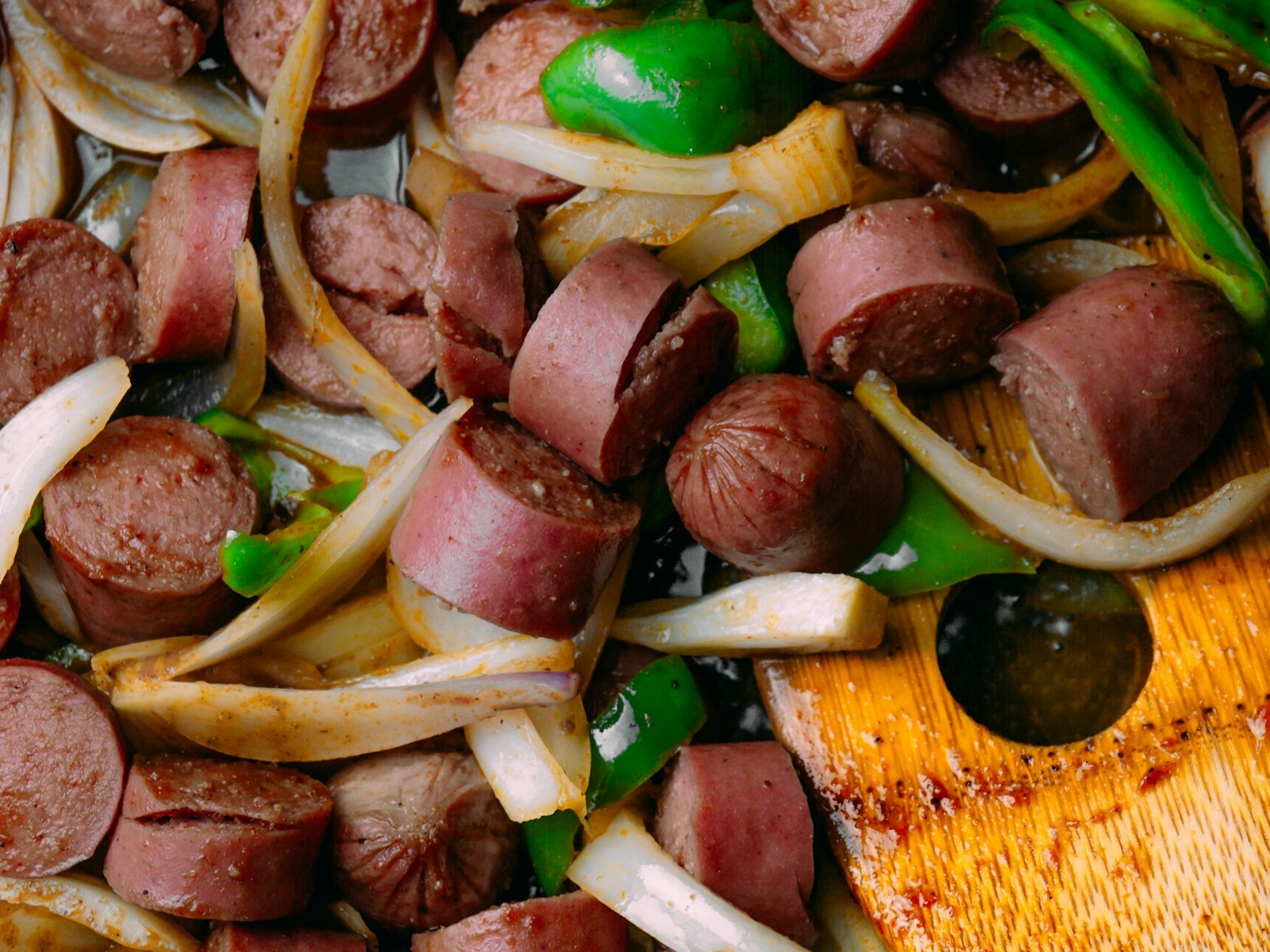 Sliced Italian sausage with peppers and onions