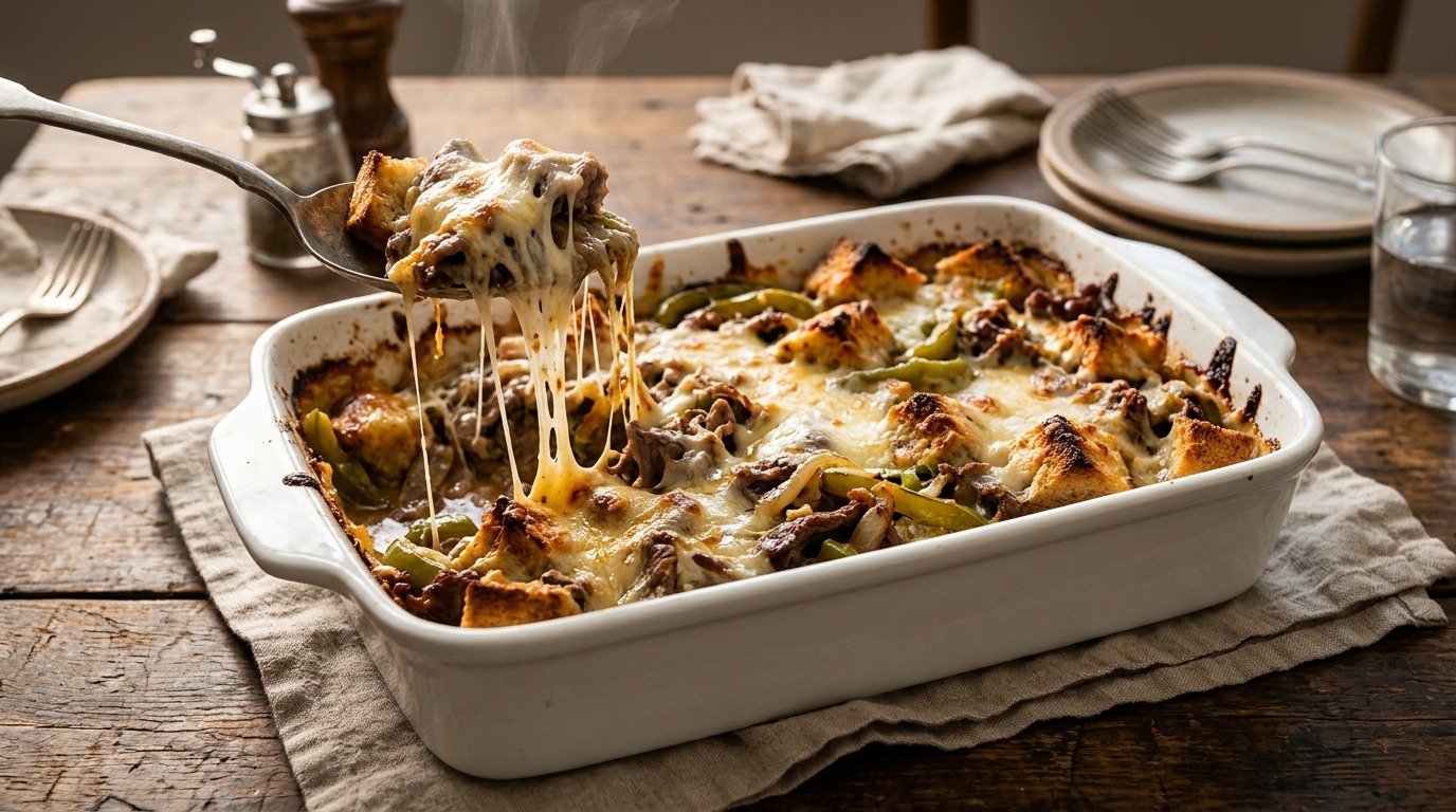 Philly cheesesteak casserole with peppers, onions and provolone