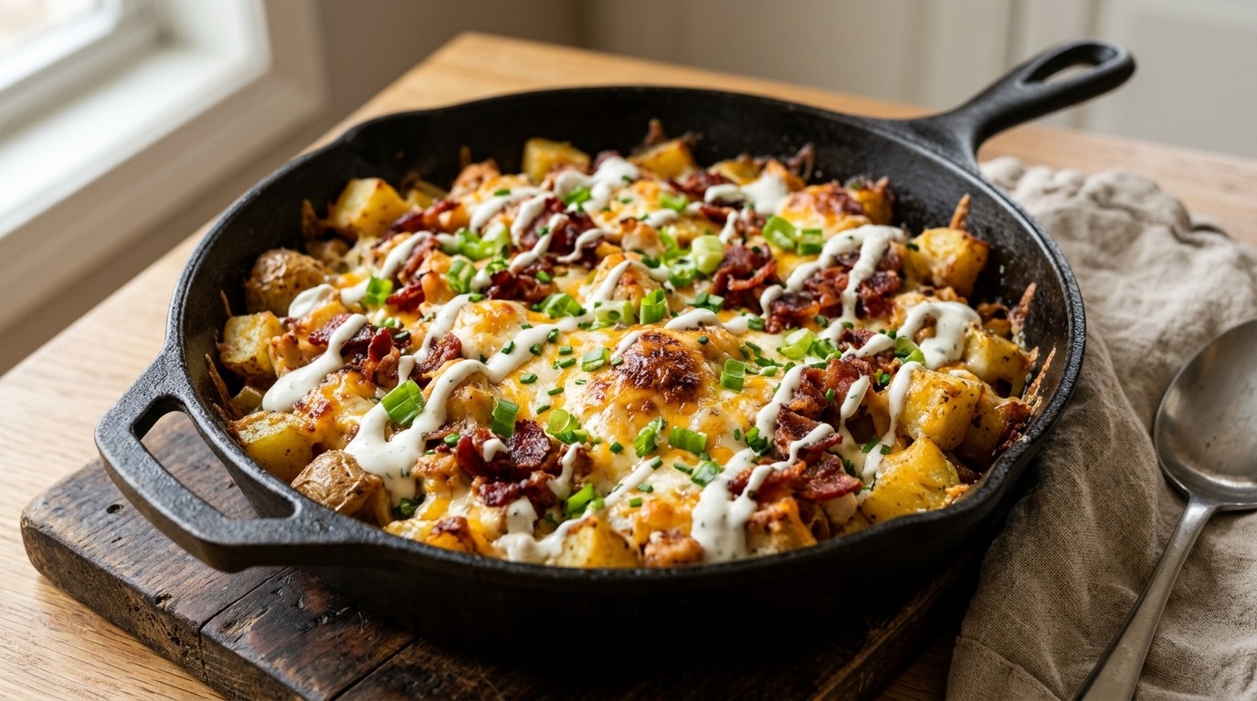 Chicken bacon ranch potato casserole in a cast iron skillet