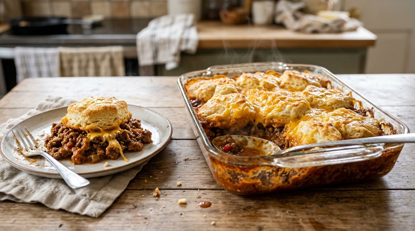 Sloppy joe casserole topped with golden biscuits