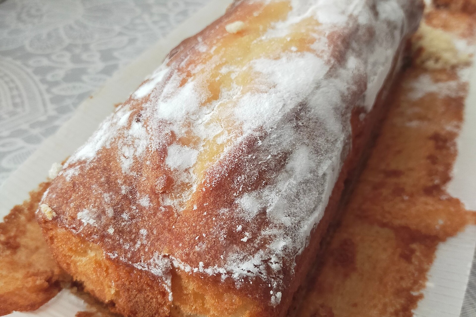 Lemon-lime soda pound cake loaf dusted with sugar