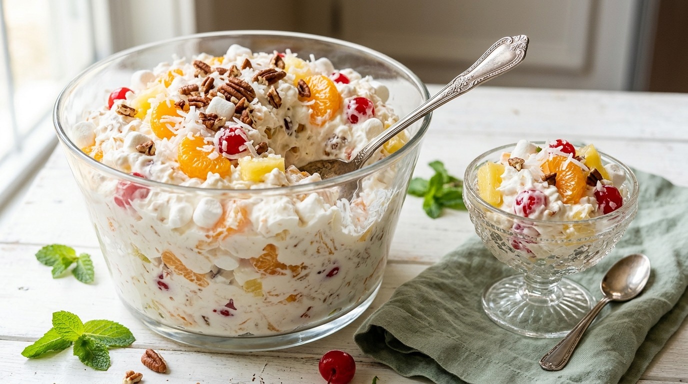 Ambrosia fruit salad with marshmallows and mandarin oranges in a glass bowl