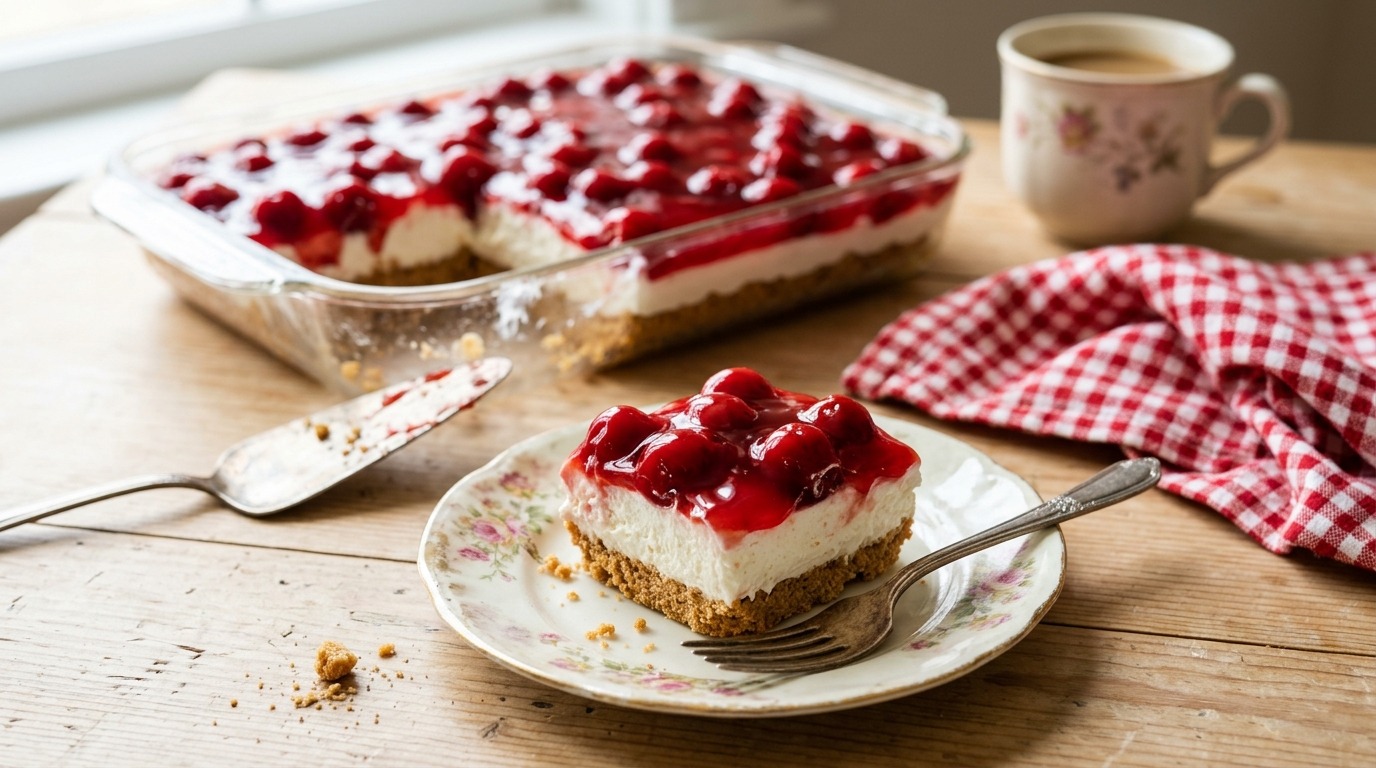 Cherry delight dessert squares in a glass dish