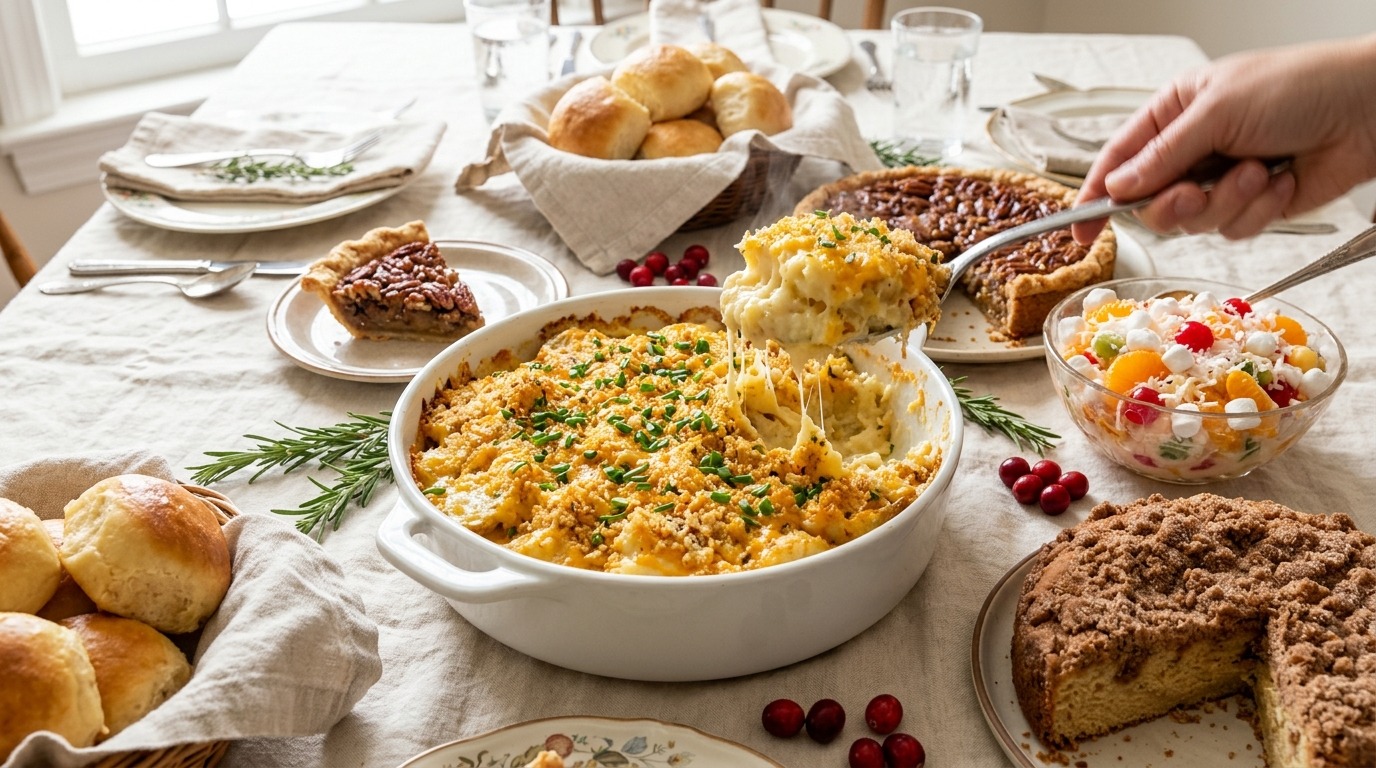 Most requested family recipes on a holiday table with cheesy party potatoes