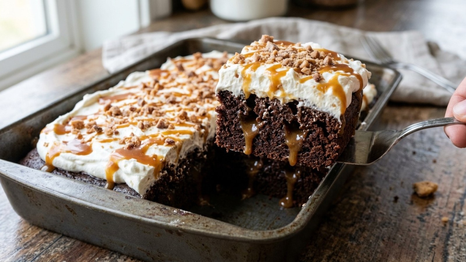 Better Than Anything Cake, a chocolate poke cake with caramel, whipped cream and toffee