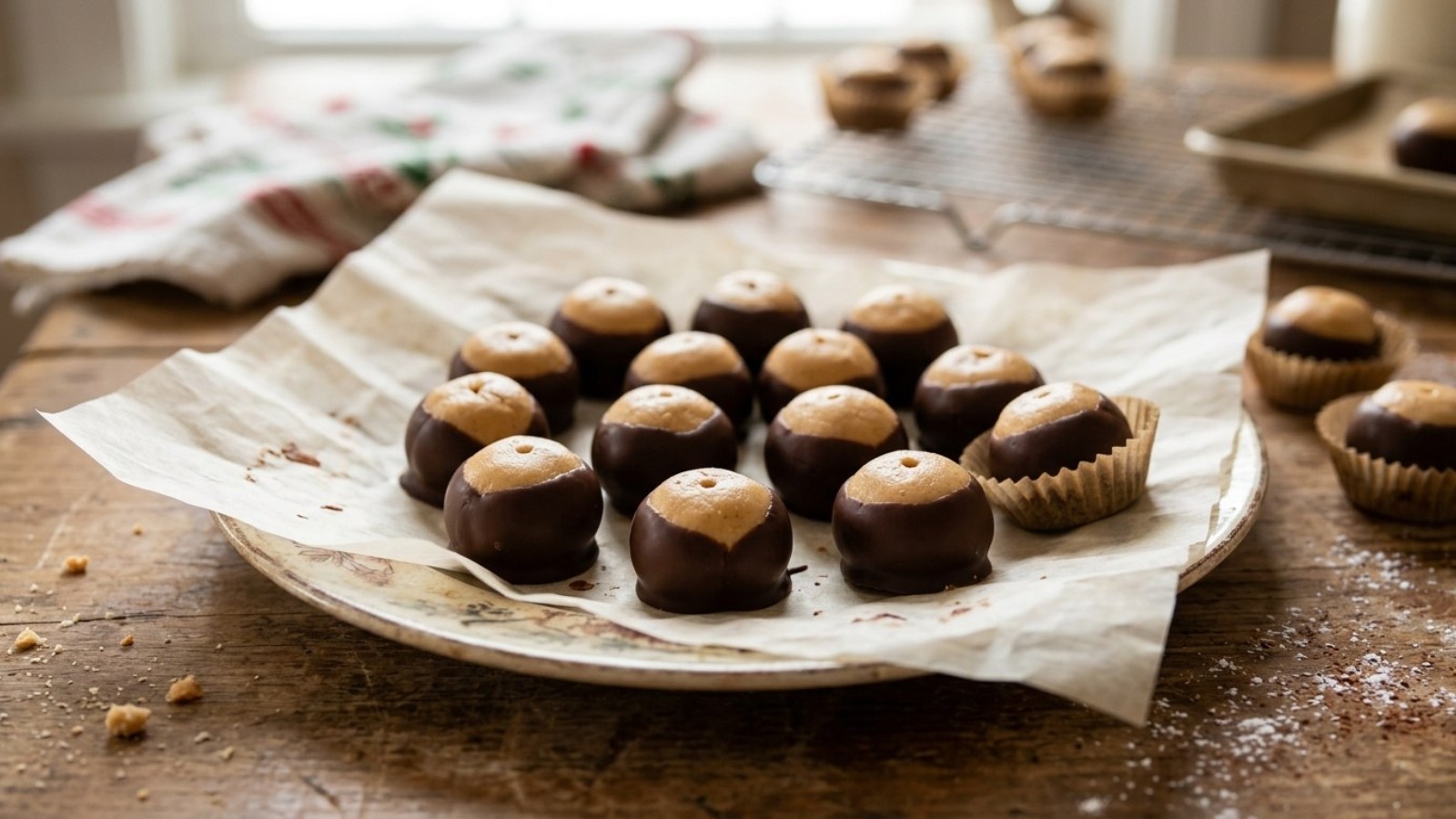 Homemade buckeyes, peanut butter balls dipped in chocolate, on parchment paper