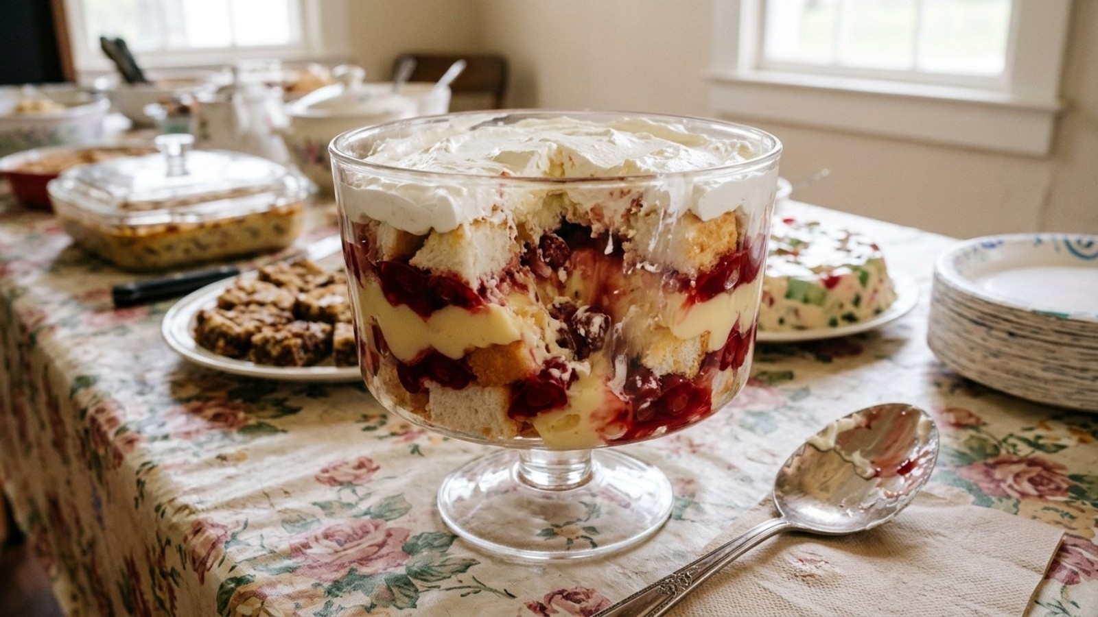 Heaven on Earth cake, one of the best loved funny named desserts, in a glass trifle dish at a church potluck