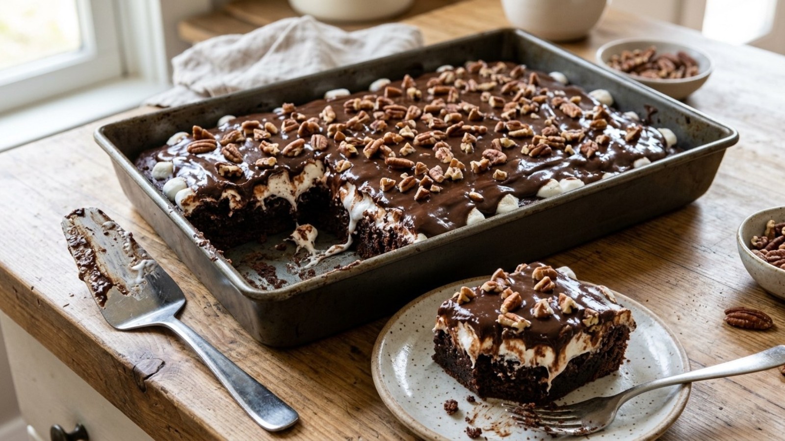 Mississippi mud cake with marshmallows and chocolate frosting in a baking pan