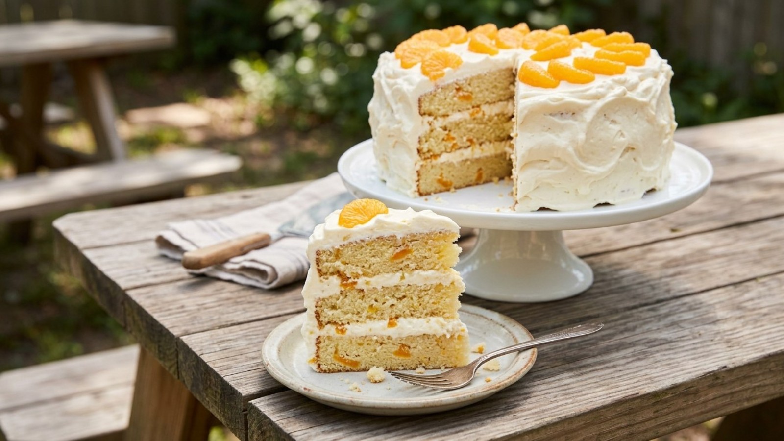 Pig pickin cake, one of the funny named desserts, made with mandarin oranges and pineapple frosting