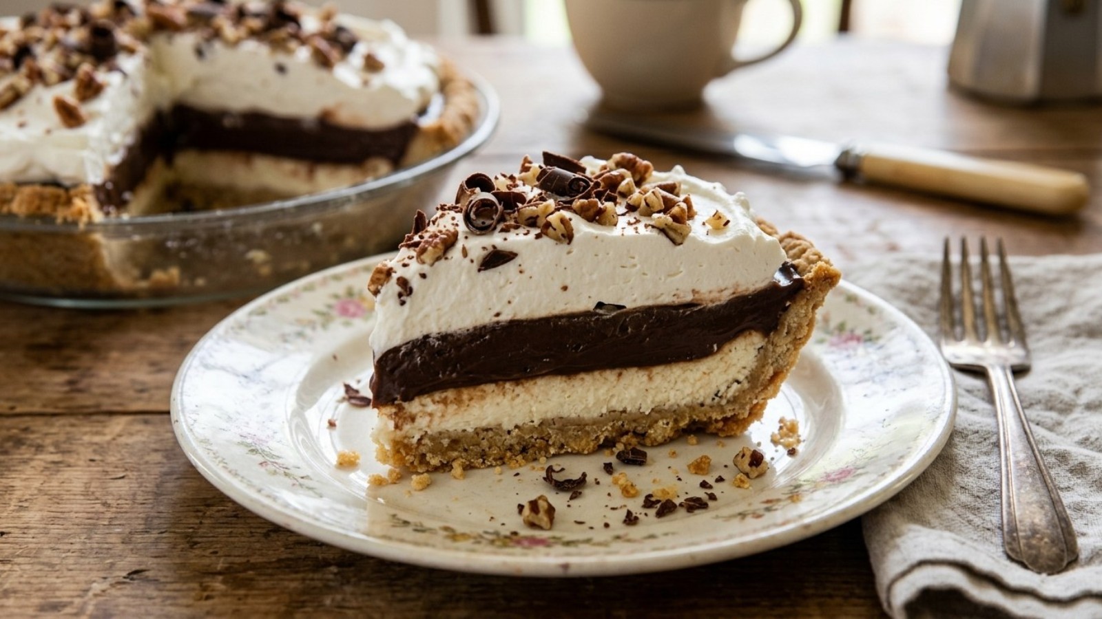 Slice of Arkansas possum pie with chocolate pudding, cream cheese and whipped cream layers