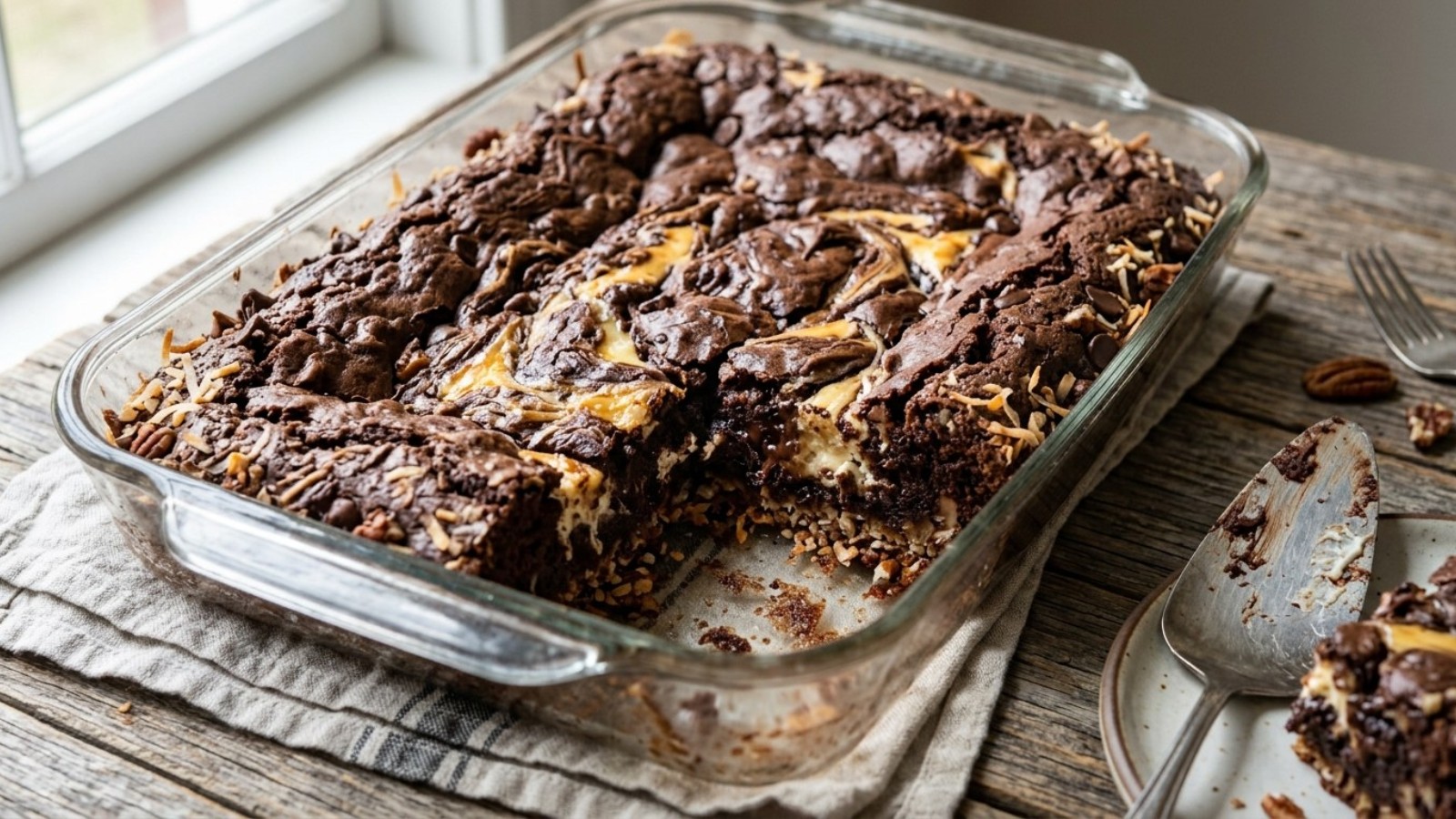 Earthquake cake with cream cheese swirls in a glass baking dish