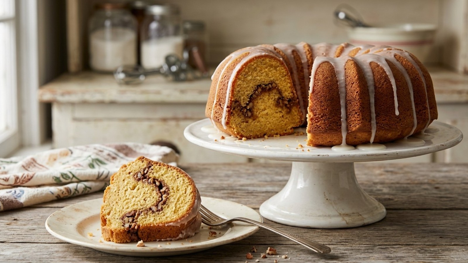 Sock it to me cake, one of the funny named desserts, with a cinnamon pecan swirl and vanilla glaze