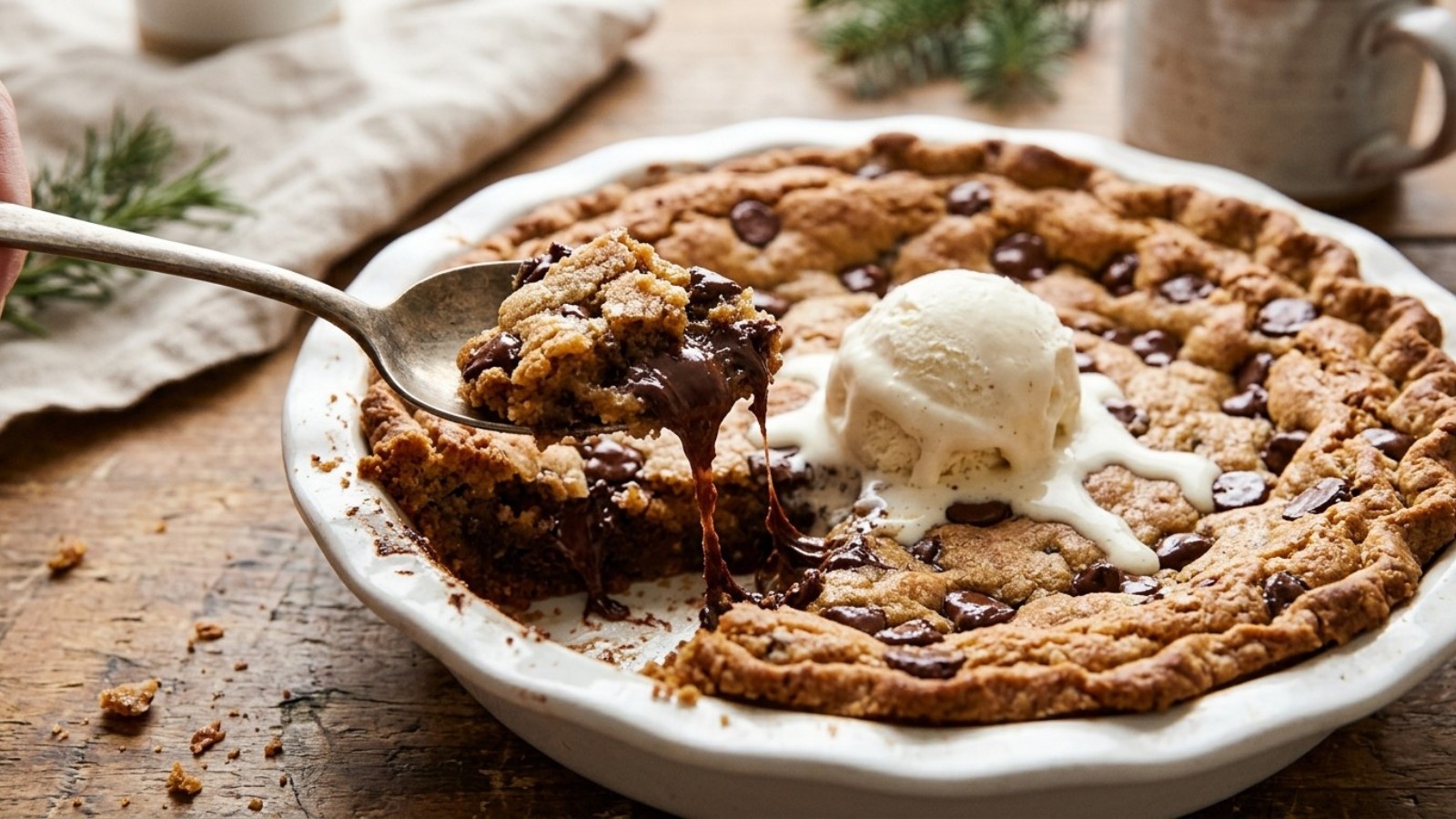 Gooey chocolate chip cookie pie with a spoonful of melting vanilla ice cream