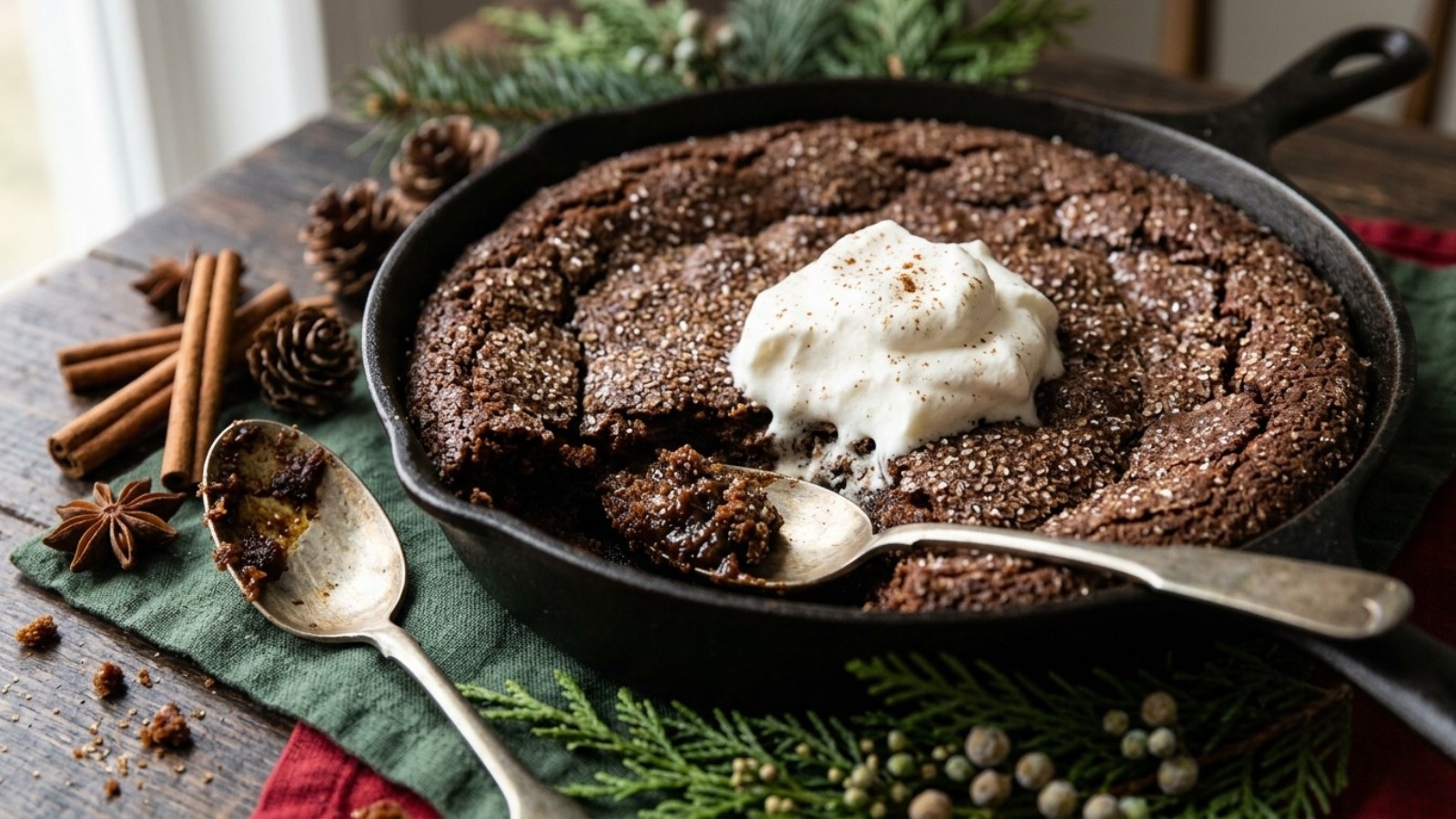 Gingerbread skillet dessert with whipped cream, cinnamon sticks and star anise