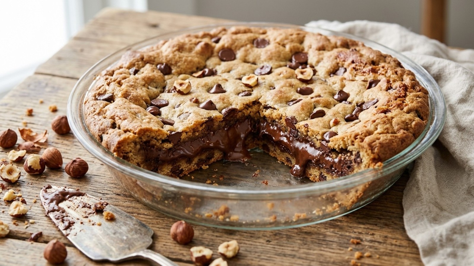 Chocolate hazelnut stuffed cookie pie with a wedge cut out to show the gooey center