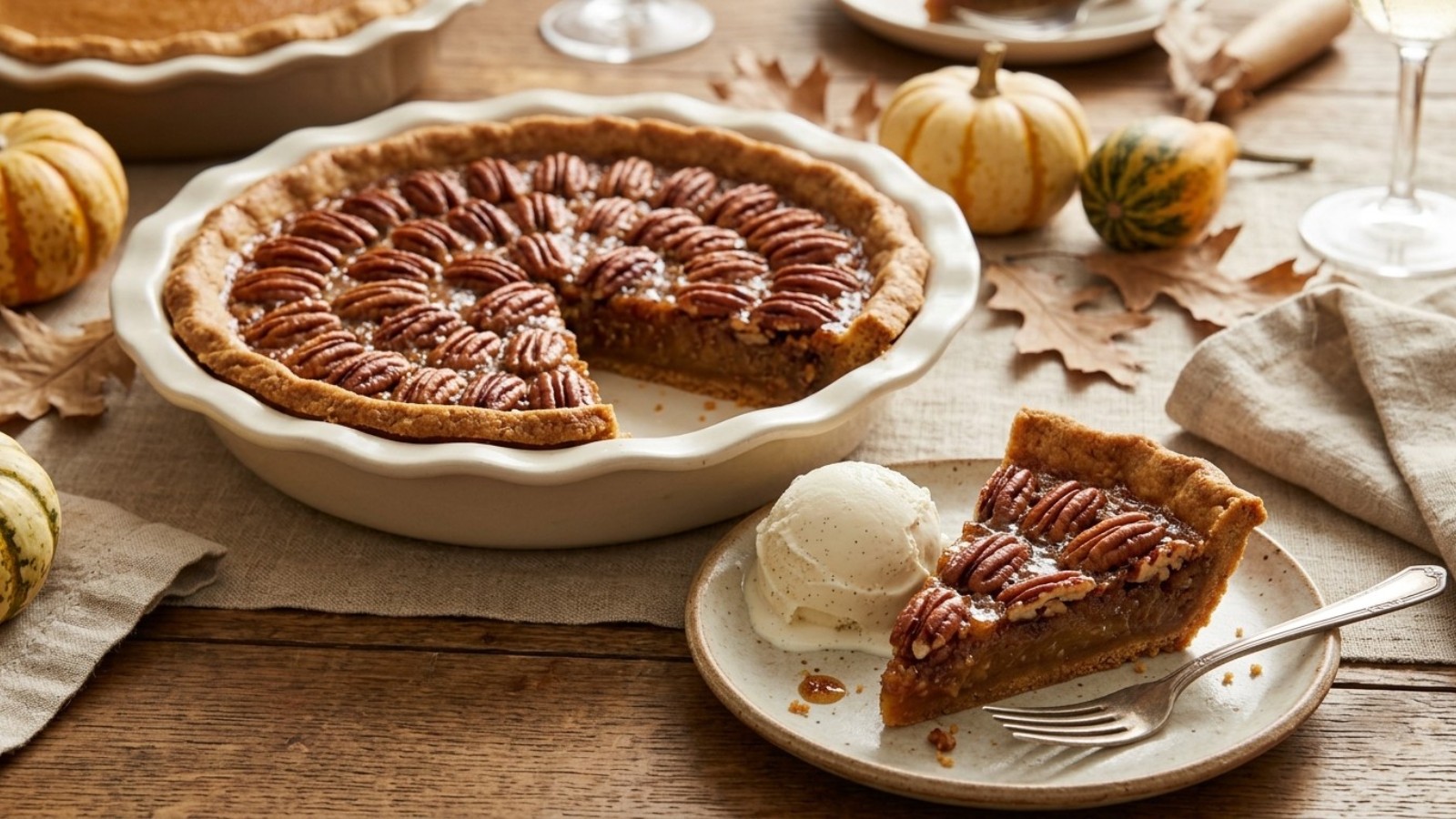 Pecan pie cookie pie with a slice served with vanilla ice cream