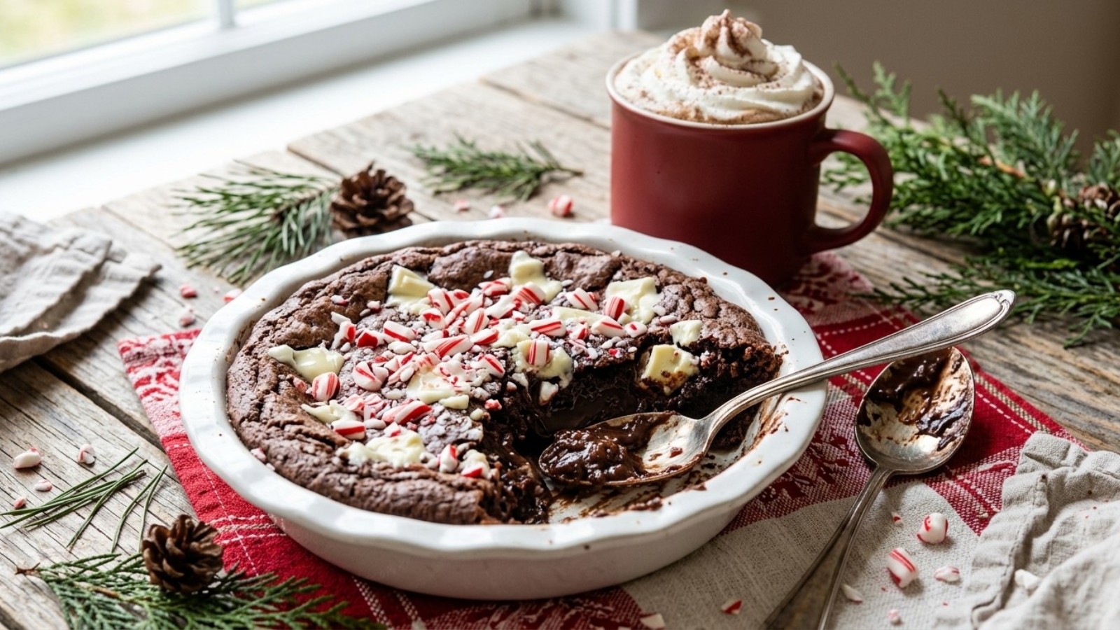 Peppermint mocha cookie pie topped with crushed candy canes and white chocolate