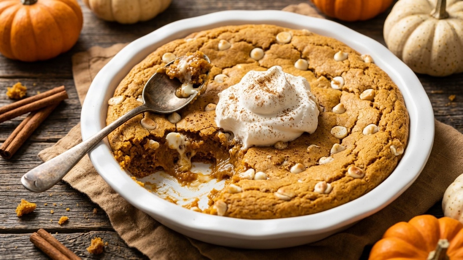 Pumpkin spice cookie pie with white chocolate chips and whipped cream