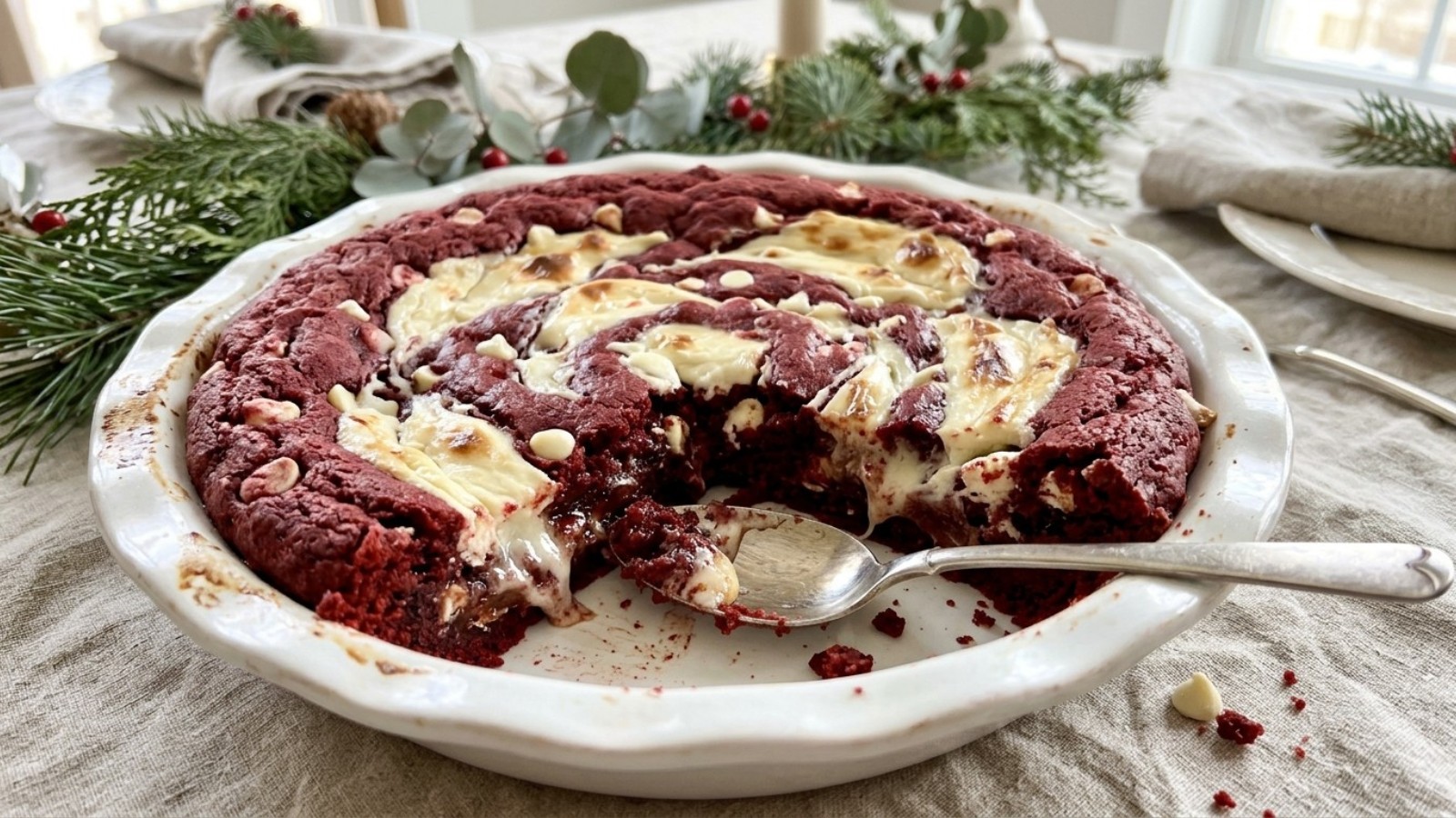 Red velvet cookie pie with cream cheese swirl and white chocolate chips