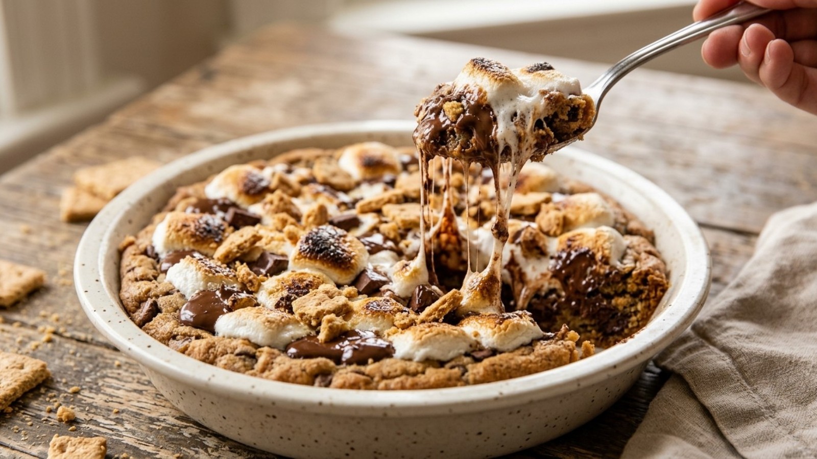 S'mores cookie pie with toasted marshmallows and melted chocolate