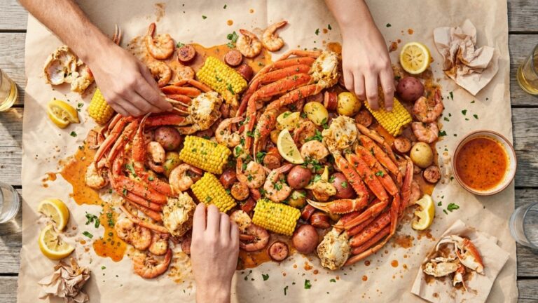 Cajun seafood boil with crab legs, shrimp, corn and potatoes in garlic butter