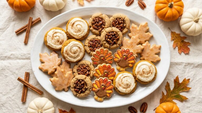 Thanksgiving cookies on a white platter: frosted pumpkin cookies, pecan pie cookies, maple leaf cookies and iced turkey cookies
