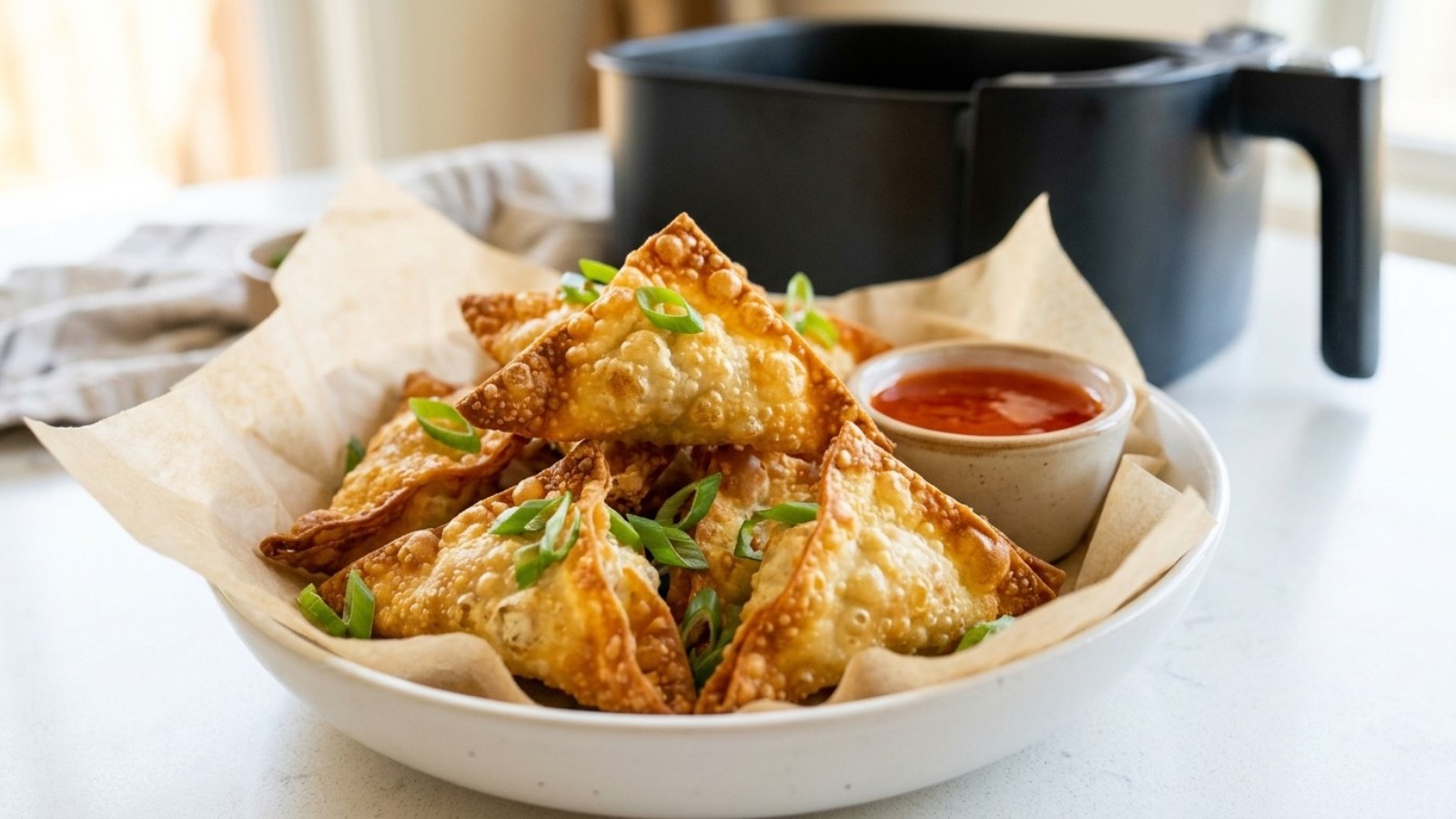 Air fryer crab rangoon recipes piled in a bowl with sweet and sour sauce
