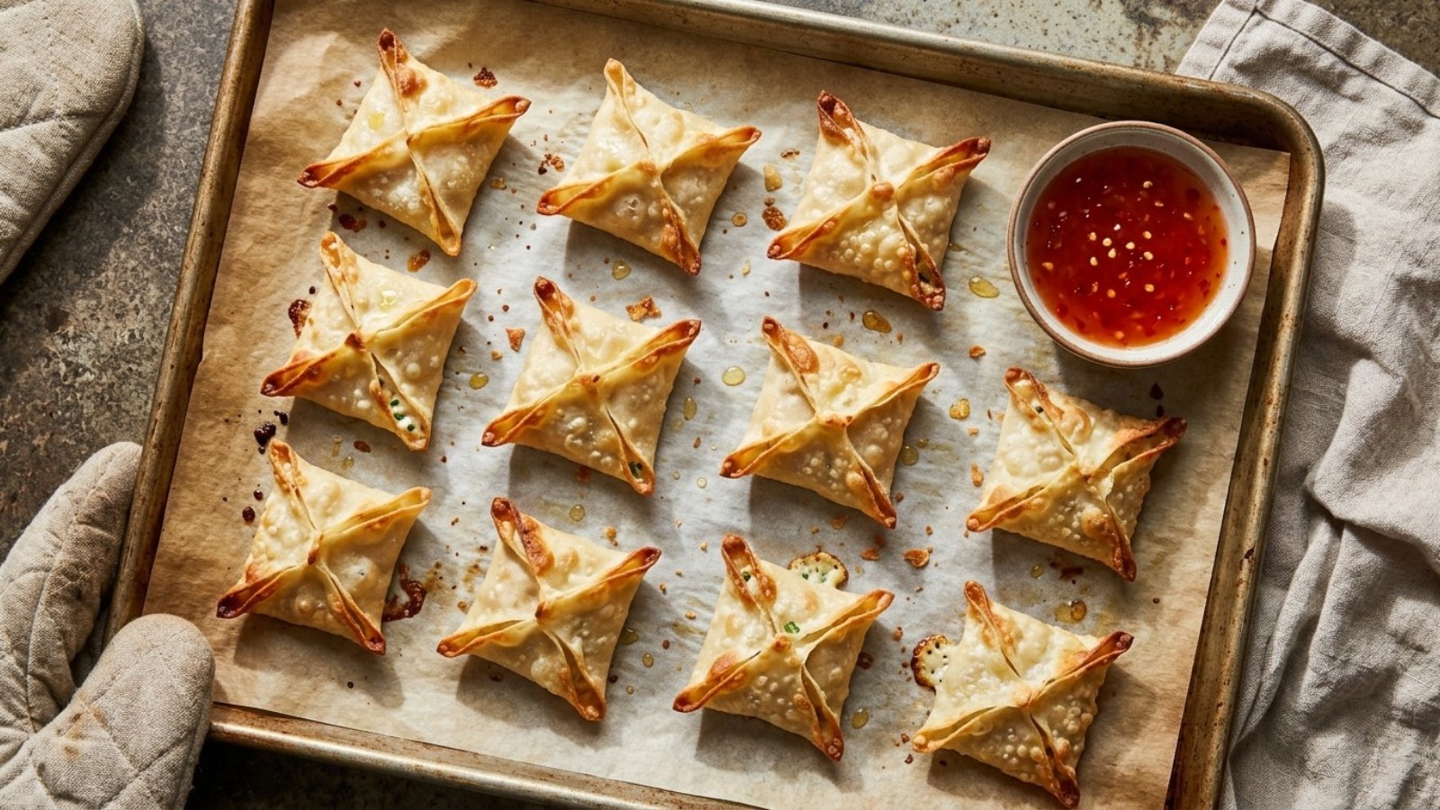 Baked crab rangoon recipes on a parchment-lined sheet pan with sweet chili sauce