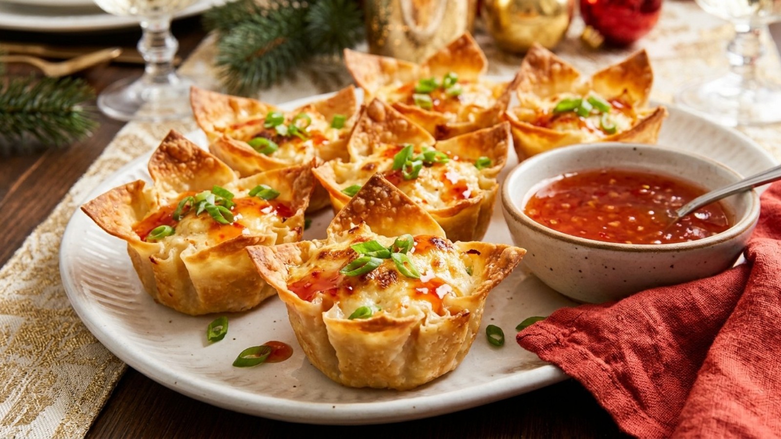 Crab rangoon recipes made into crispy wonton cups with creamy crab filling and sweet chili sauce