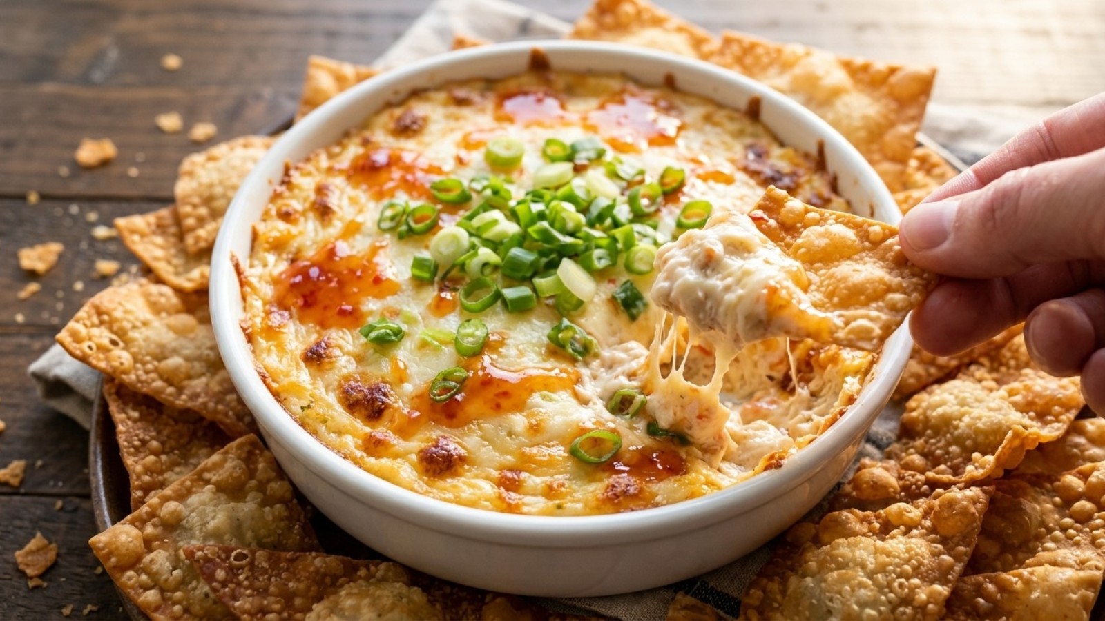 Hot crab rangoon dip with melted cheese, green onions and wonton chips
