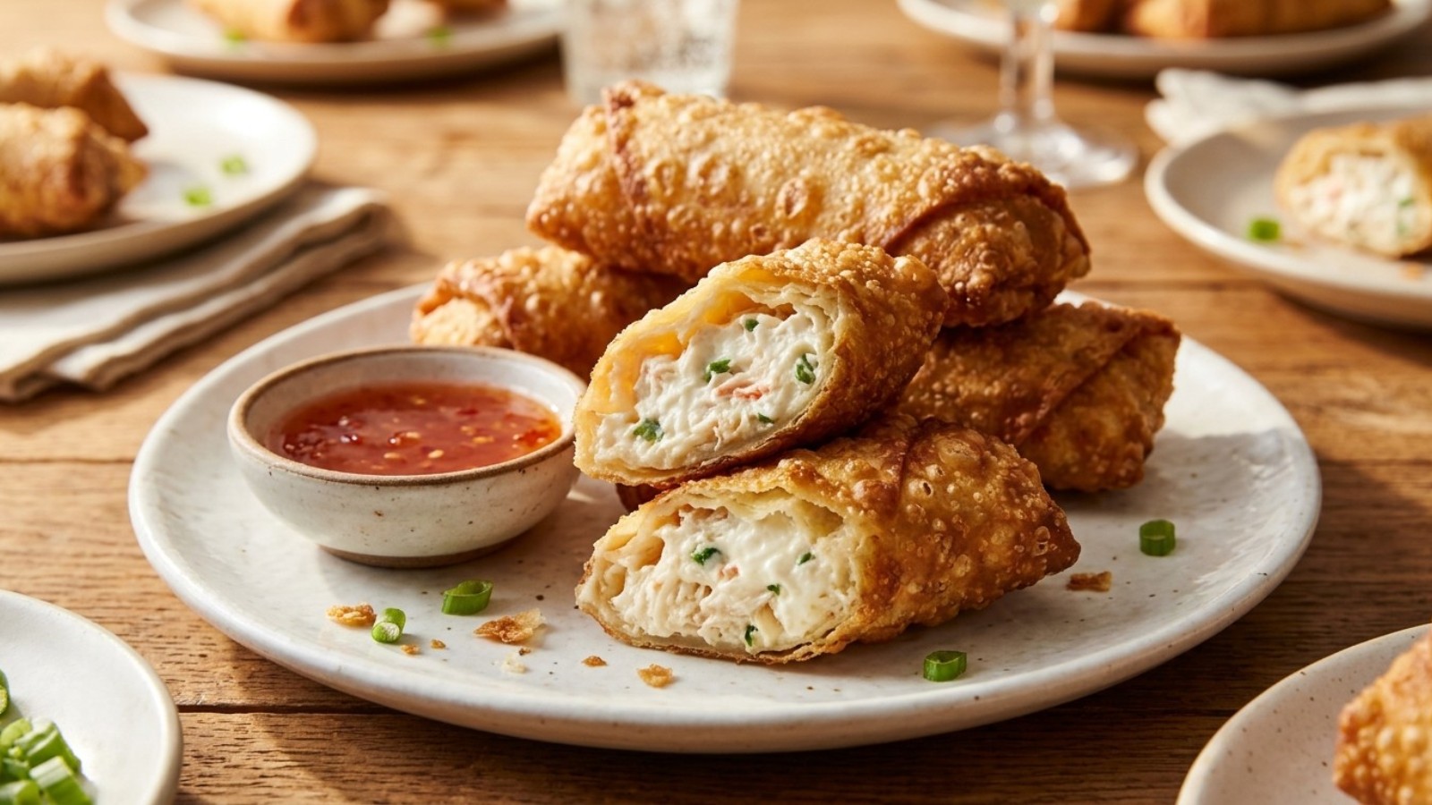 Crab rangoon egg rolls cut open to show the creamy crab filling