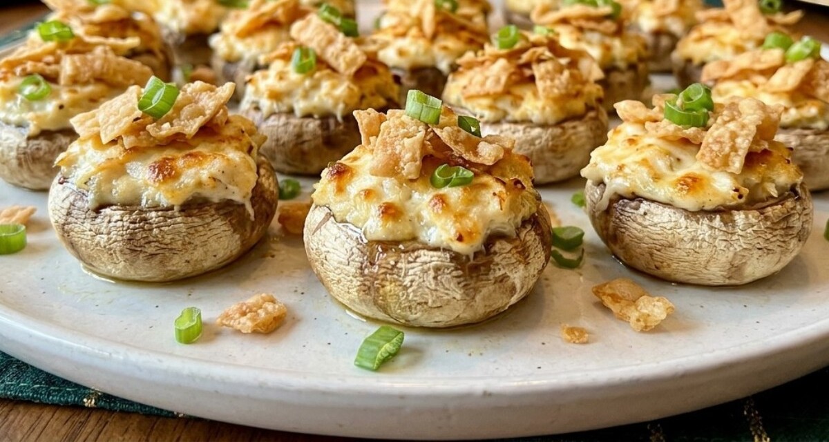 Stuffed mushrooms topped with crispy wonton strips and green onions