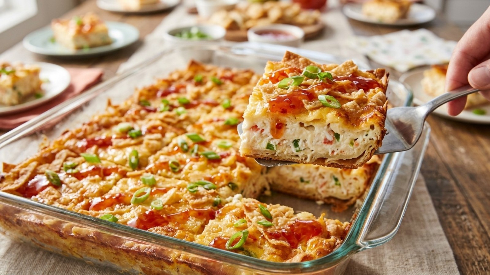 Layered wonton squares lifted from a baking dish to show the creamy filling