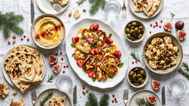 Mediterranean appetizers on a holiday table with seared halloumi and strawberries, hummus, flatbread and roasted cauliflower